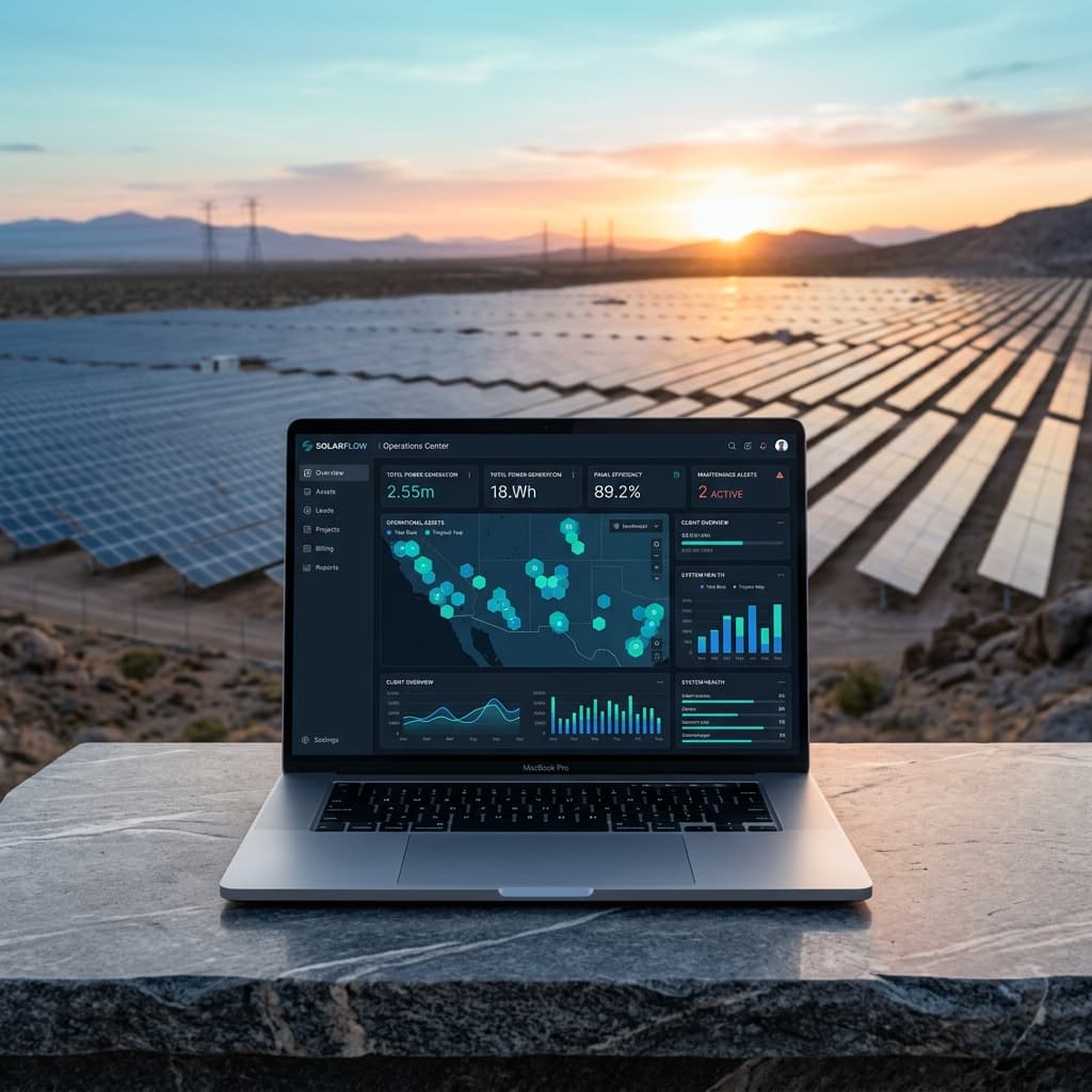 XTECH RENEWABLES solar operations dashboard overlooking a high-tech solar farm
