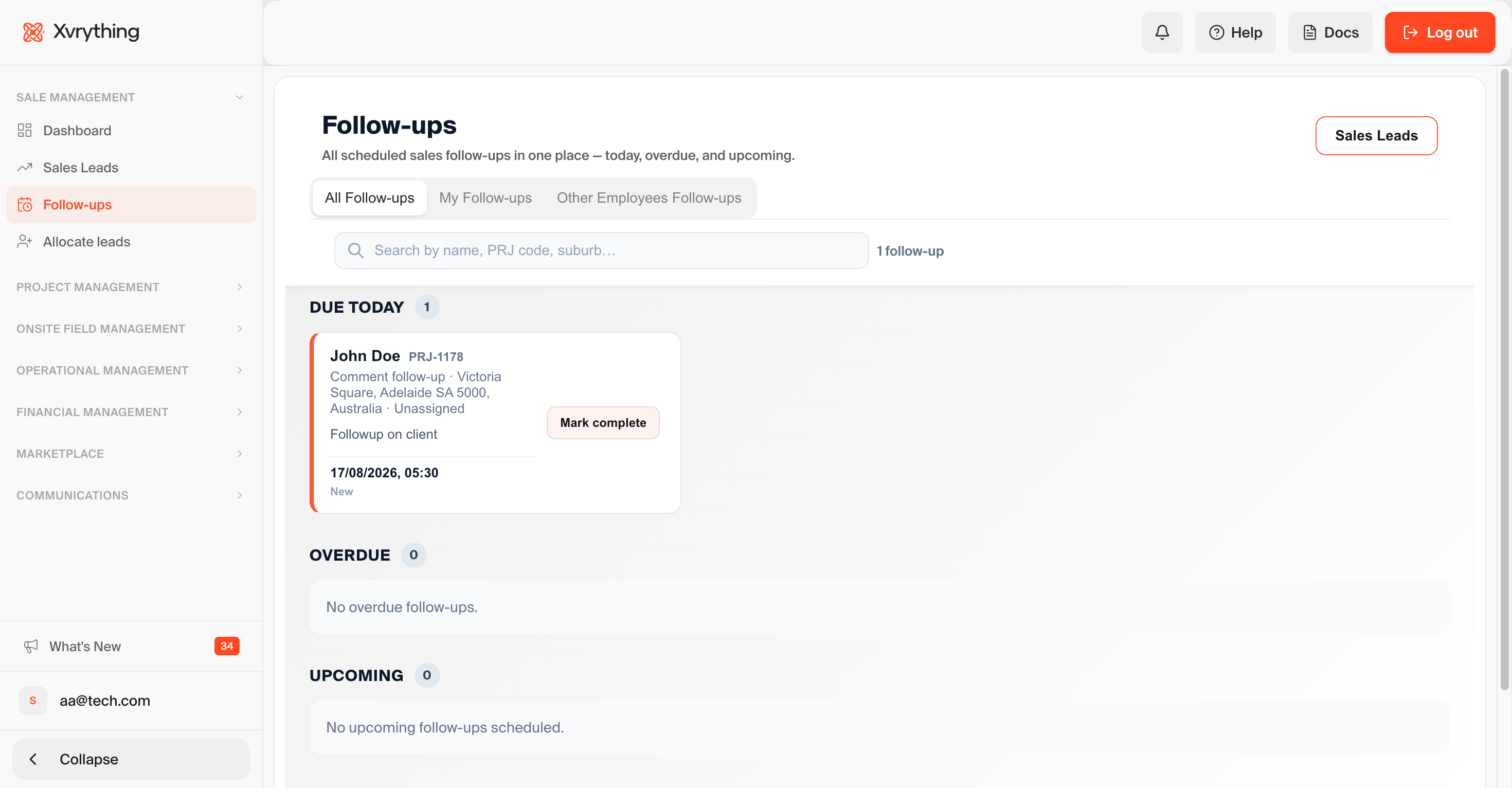 Operations dashboard with job status notifications and reminders